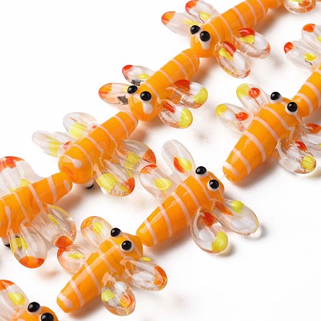 Handmade Lampwork Beads Strands, Dragonfly, Orange, 21~23x27~29.5x8.5~9.5mm, Hole: 1.2mm, about 20pcs/strand, 16.73 inch(42.5cm)
