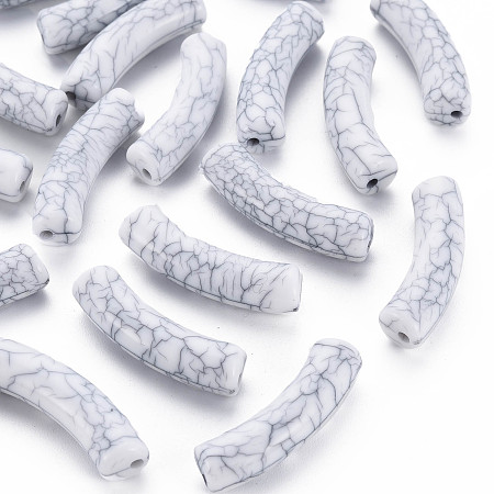 Honeyhandy Opaque Crackle Acrylic Beads, Curved Tube, White, 32x10x8mm, Hole: 1.8mm, about 330pcs/500g