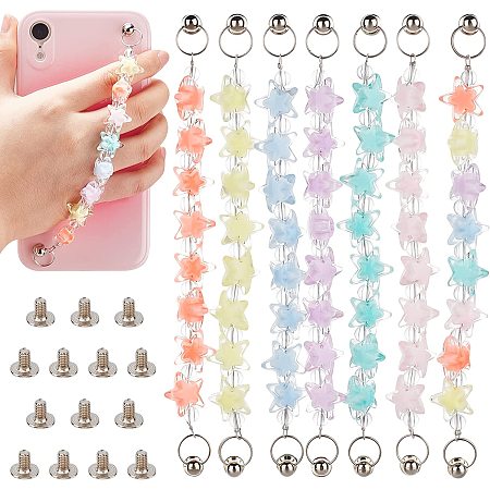 Arricraft 7 Sets 7 Colors Phone Case Chain, Heart Beaded Phone Strap Beads Resistance Phone Grip Holder with Iron Screw Nuts and Screws for DIY Phone Case Accessory