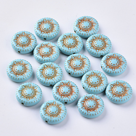 Arricraft Plating Acrylic Beads, Golden Metal Enlaced, Flat Round, DarkTurquoise, 17x6mm, Hole: 1mm; about 475pcs/500g