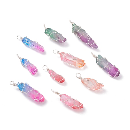 Honeyhandy Natural Dyed Quartz Pointed Pendants, with Silver Eco-Friendly Copper Wire, Bullet, Colorful, 30.5~51x8~14x7~12mm, Hole: 4mm