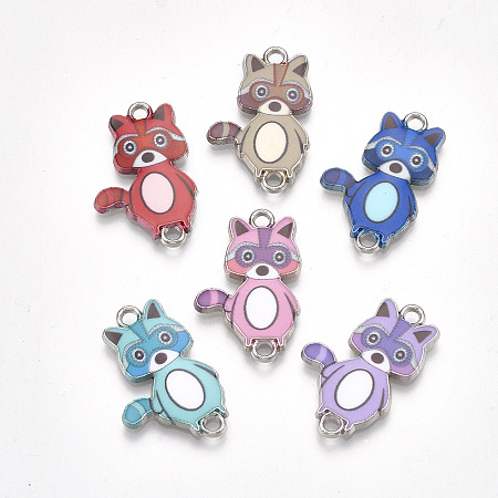 Honeyhandy Printed Alloy Links connectors, with Enamel, Raccoon, Platinum, Mixed Color, 24x15x2mm, Hole: 1.8mm
