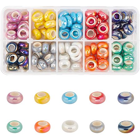 PandaHall Elite 12mm Large Hole Beads, 100pcs 10 Color Electroplate Porcelain Rondelle Beads Snake Chains Spacers for European Bracelet Charm Making