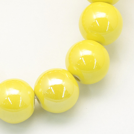 Honeyhandy Pearlized Handmade Porcelain Round Beads, Yellow, 6mm, Hole: 1.5mm