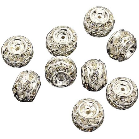 Pandahall Elite About 50 Pcs 10mm Silver Plated Brass Barrel Beads Crystal Rhinestone Spacer Charm Bead for Jewelry Making, Clear
