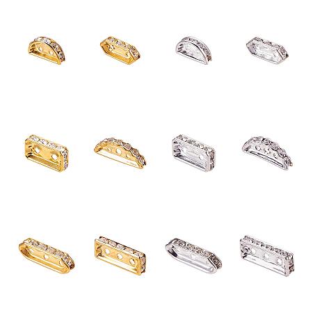 PandaHall Elite 48 pcs 6 Styles 2 Colors Multi- Hole Brass Bar Spacers Links with Grade A Rhinestone for Bracelet Jewelry Making, Golden/Silver