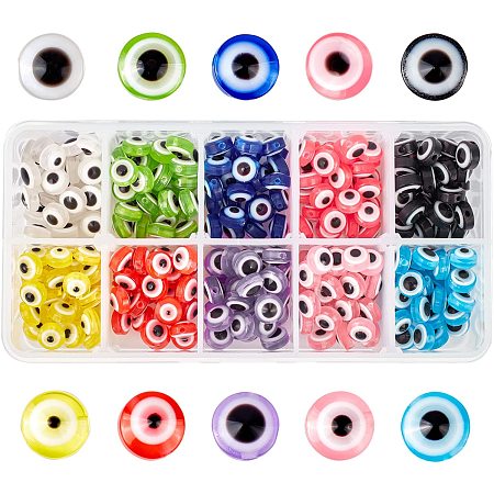 NBEADS 300 Pcs 10 Colors Resin Evil Eye Beads, 10mm Flat Round Evil Eye Charms for DIY Jewelry Making