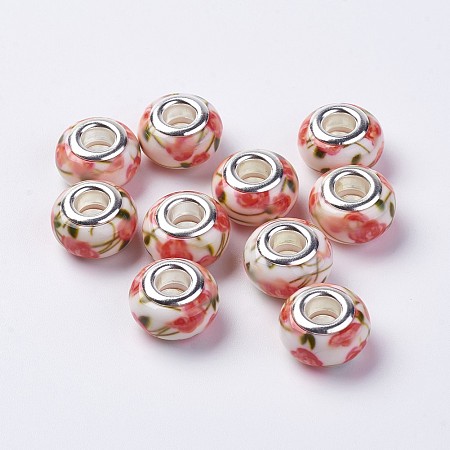 Arricraft Resin Rhinestone European Beads, Large Hole Beads, with Platinum Tone Brass Double Cores, Rondelle, Berry Beads, Mixed Color, 14x10mm, Hole: 5mm