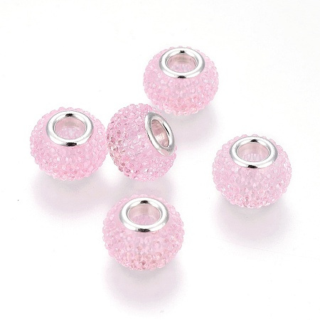 Honeyhandy Resin Rhinestone European Beads, with Silver Color Plated Brass Cores, Large Hole Beads, Rondelle, Berry Beads, Pearl Pink, 14x10mm, Hole: 5mm