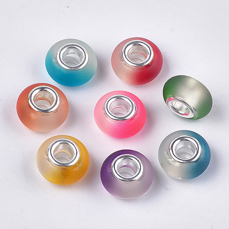 Arricraft Resin European Beads, Large Hole Beads, with Glitter Powder and Platinum Tone Brass Double Cores, Rondelle, Mixed Color, 13.5~14x8.5~9mm, Hole: 5mm