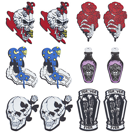 SUNNYCLUE 1 Box 12Pcs Gothic Style Skull Charms Skeleton Head Charm Acrylic Coffin Mushroom Rose Flower Charms Horror Flat Back Charms for Jewelry Making Charm Halloween Earrings Necklace DIY Craft