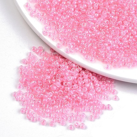 Honeyhandy 8/0 Glass Seed Beads, Inside Colours, Round Hole, Round, Transparent Colours Rainbow, Pink, 8/0, 3~4x2~3mm, Hole: 0.8mm, about 15000pcs/bag