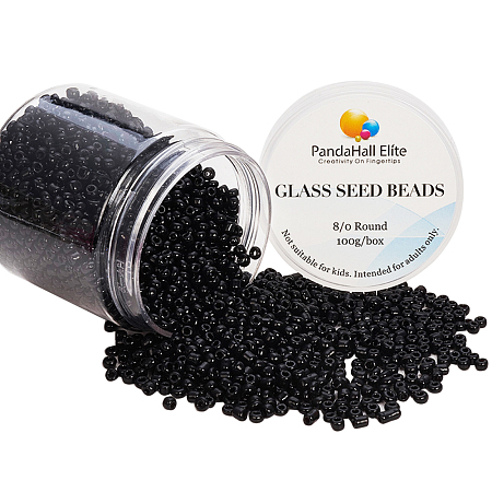 PandaHall Elite 8/0 Glass Seed Beads Black Diameter 3mm Loose Beads for DIY Craft, about 2000pcs/box