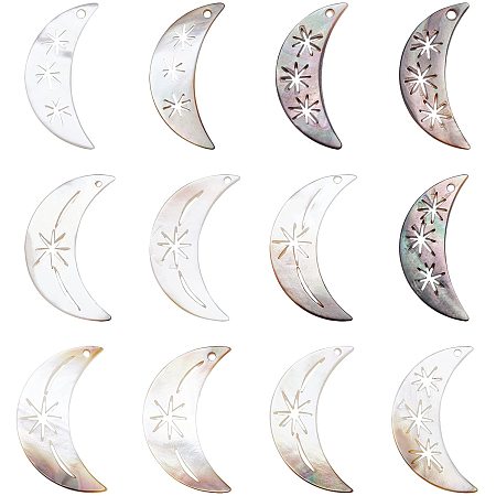 BENECREAT 12Pcs 2 Style Natural Black Lip Shell Moon Shape Pendants Star Pattern with hole for DIY Craft Making Art Projects