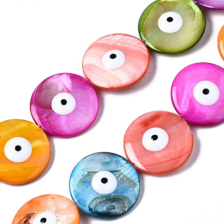 ARRICRAFT Natural Freshwater Shell Beads Strands, with Enamel, Double-Faced, Flat Round with Evil Eye, Dyed, Mixed Color, 24~25x5~6mm, Hole: 0.9mm, about 16pcs/strand, 15.83 inches(40.2cm)
