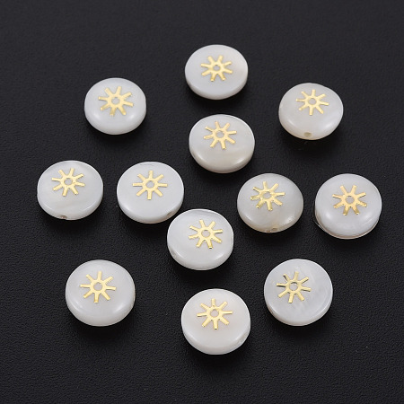 Honeyhandy Natural Freshwater Shell Beads, with Golden Plated Brass Metal Embellishments, Flat Round with Sun, Seashell Color, 8x4.5mm, Hole: 0.6mm