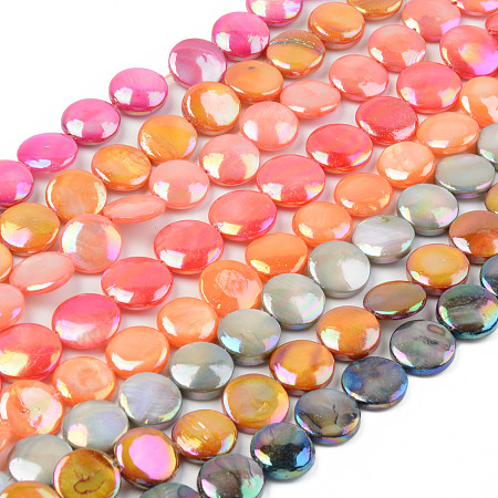 ARRICRAFT Electroplate Natural Freshwater Shell Beads Strands, Dyed, Flat Round, Mixed Color, 3/8x5/64~1/8 inch(11.5x2.5~4mm), Hole: 0.8mm, about 34pcs/strand, 14.80 inches(37.6cm)