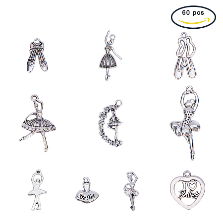 PandaHall Elite 60 Pieces 10 Style Antique Silver Tibetan Alloy Ballerina/Ballet Dancer Charms for DIY Jewelry Making