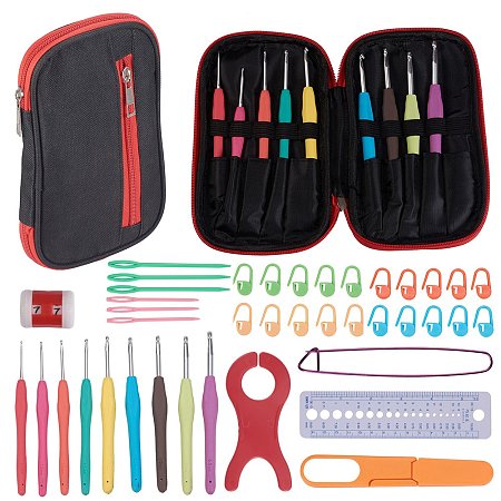 ARRICRAFT Sewing Tool Sets, Aluminum Crochet Hooks, with TPR Handle, Scissor, Ruler, Knit Needle, Stitch Holder, Counter, Locking Stitch Marker, Thread Winding Board, Mixed Color, 20x12x4cm