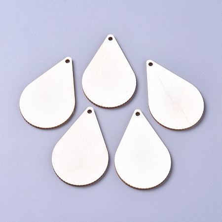 Honeyhandy Unfinished Blank Poplar Wood Big Pendants, Undyed, Teardrop, for Jewelry Making, Floral White, 61.5x39.5x2.5mm, Hole: 3mm