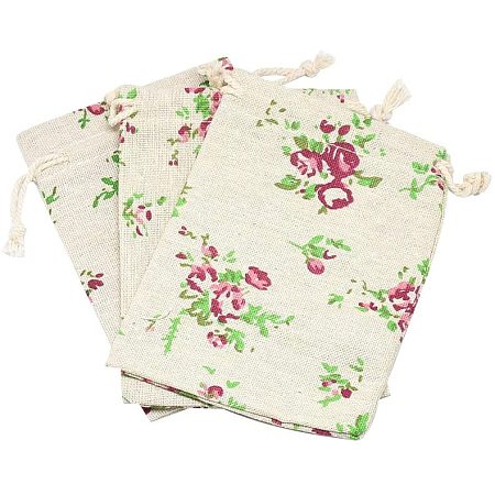 NBEADS Burlap Bags, 5 PCS 10x14cm Cloth Wheat Small Drawstring Jewelry Pouches with Printed Flower for Traveling Tools, Earplug, Candy Storage