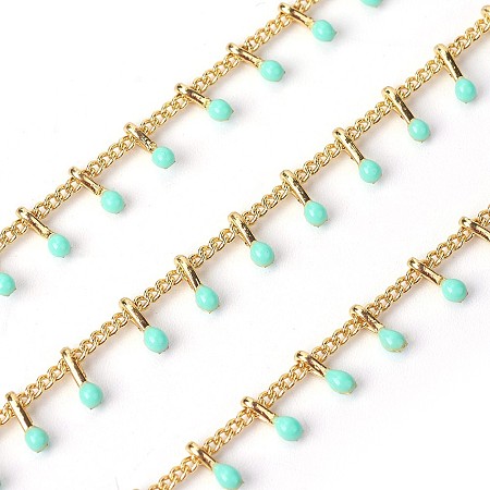 ARRICRAFT Handmade Enamel Beaded Chains, with Brass Curb Chains, Soldered, Long-Lasting Plated, Real Gold Plated, Real 18K Gold Plated, Aquamarine, 5.5x1.5~2mm