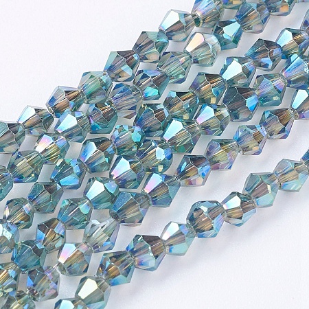 Arricraft 1 Strand Faceted Bicone Full Plated Glass Beads Strands, Teal, 3x3mm, Hole: 1mm, about 128~135pcs/strand, 12.2 inches