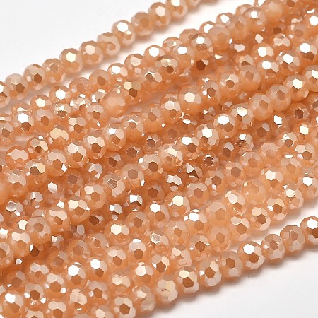 Honeyhandy Faceted Round Full Rainbow Plated Imitation Jade Electroplate Glass Beads Strands, Sandy Brown, 4mm, Hole: 1mm, about 100pcs/strand, 14.9 inch