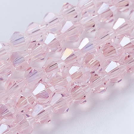 Honeyhandy Glass Beads Strands, AB Color Plated, Faceted, Bicone, Misty Rose, 4x4mm, Hole: 1mm, about 92~96pcs/strand, 13.78~14.37 inch