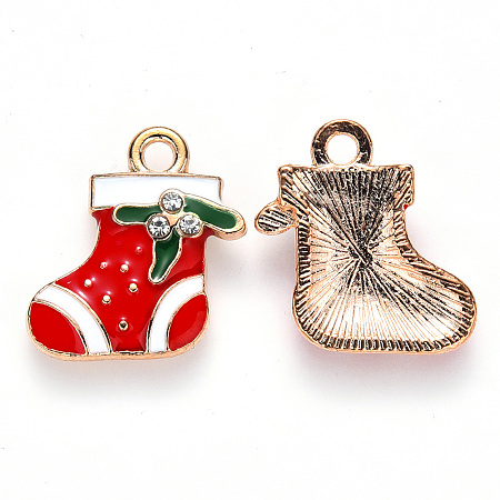 ARRICRAFT Alloy Enamel Pendants, with Crystal Rhinestone, for Christmas, Christmas Sock, Light Gold, Red, 18x17x3mm, Hole: 2mm