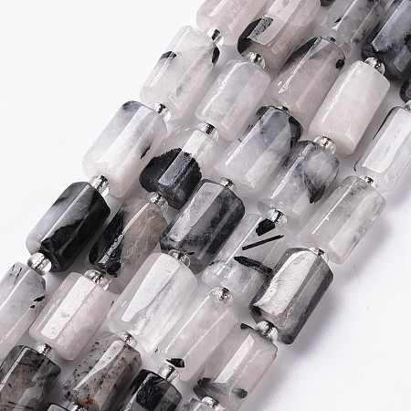 Honeyhandy Natural Black Rutilated Quartz Beads Strands, Faceted, Column, 8~11x6~8x5~7mm, Hole: 1mm, about 15~17pcs/strand, 7.28~7.48 inch