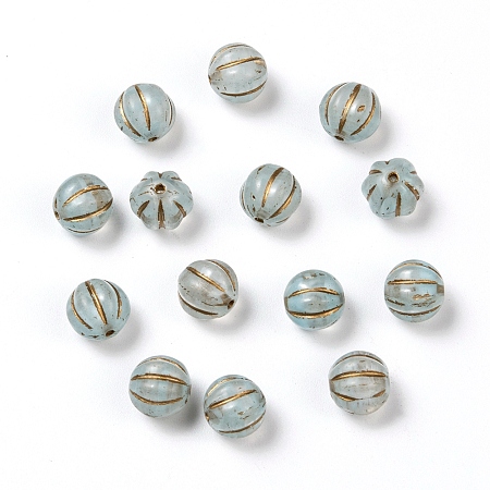 Arricraft Czech Glass Beads, with Gold Wash, Pumpkin/Round Melon, Light Blue, 8mm, Hole: 0.8mm, about 14pcs/10g