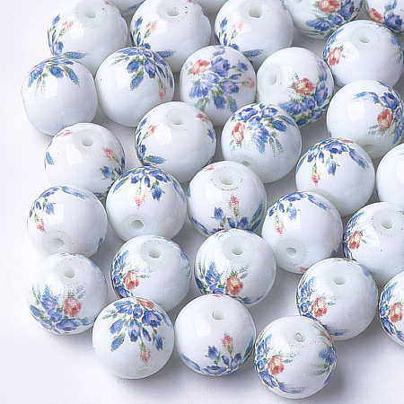 ARRICRAFT Printed & Spray Painted Glass Beads, Round with Flower Pattern, Colorful, 10~10.5x9.5mm, Hole: 1.6mm