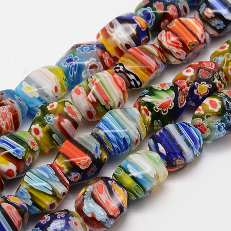 Honeyhandy Handmade Millefiori Glass Bead Strands, Faceted, Cuboid, Colorful, 14~16x10~12x10~12mm, Hole: 1mm, about 22~25pcs/strand, 15.7 inch
