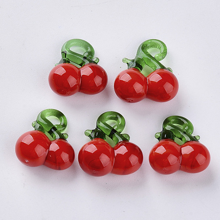 Honeyhandy Handmade Lampwork Pendants, Cherry, Red, 17~19x15~17x9~10mm, Hole: 2~3mm
