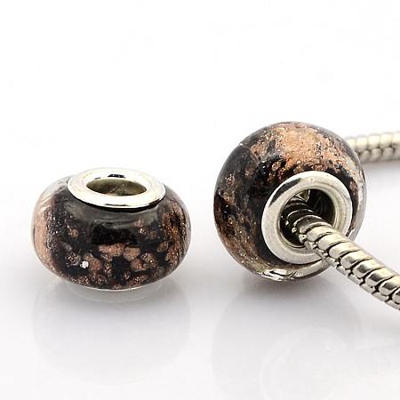 Honeyhandy Handmade Lampwork Gold Sand Effect European Large Hole Rondelle Beads, with Silver Color Plated Brass Double Cores, Black, 14x9mm, Hole: 5mm