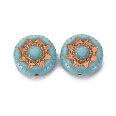 Honeyhandy Plating Acrylic Beads, Golden Metal Enlaced, Flat Round, Dark Turquoise, 17x6mm, Hole: 1mm