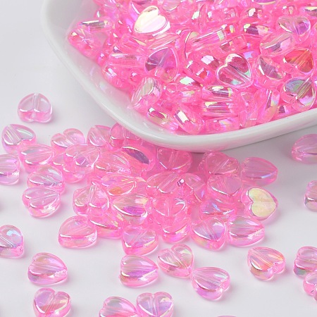 Honeyhandy Eco-Friendly Transparent Acrylic Beads, Heart, Pink, AB Color, about 8mm in diameter, 3mm thick, hole: 1mm