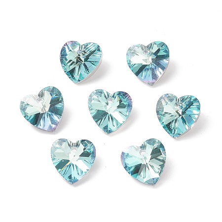 Faceted Glass Charms, Heart, Back Plated, Light Blue, 14x14x7.5mm, Hole: 1.4mm