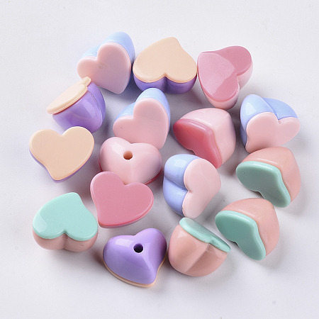 Arricraft Opaque Acrylic Beads, Two Tone, with Flat Plate, Half Drilled, Heart, Mixed Color, 15x18x13.5mm, Half Hole: 2.5mm