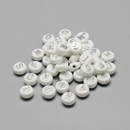 CHGCRAFT Plating Acrylic Beads, Silver Metal Enlaced, Horizontal Hole, Mixed Letters, Flat Round, Silver, 9.5~10x6mm, Hole: 2mm, about 153pcs/50g