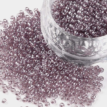 FGB 12/0 Round Glass Seed Beads, Transparent Colours Lustered, Medium Purple, 2x1.5mm, Hole: 0.3mm, 7000pcs/50g