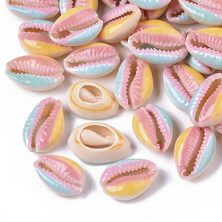 Honeyhandy Printed Natural Cowrie Shell Beads, No Hole/Undrilled, Rainbow Style, Colorful, 18~21x12~15x7mm