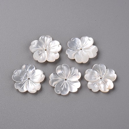 Honeyhandy Natural White Shell Mother of Pearl Shell Beads, Carved, Flower, Creamy White, 21x21x2~3mm, Hole: 1mm