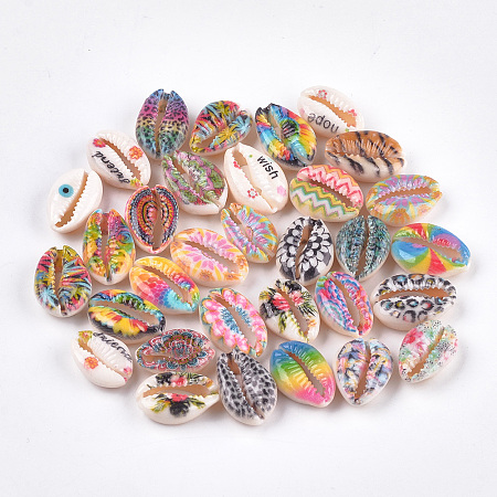 ARRICRAFT Printed Natural Cowrie Shell Beads, No Hole/Undrilled, Mixed Color, 17~23x13~17x6~8mm
