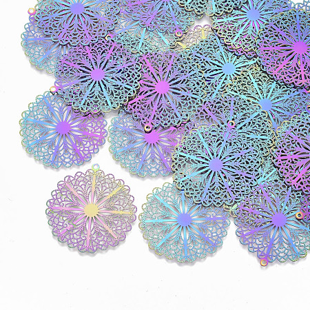 NBEADS 201 Stainless Steel Filigree Pendants, Etched Metal Embellishments, Flower, Multi-color, 37x35x0.3mm, Hole: 1.5mm