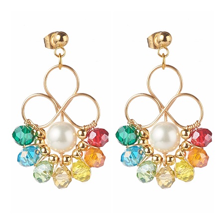Honeyhandy Flower Colorful Glass Beads Dangle Earrings for Girl Women, Round Shell Pearl Beads Stud Earrings, Golden, 40mm, Pin: 0.8mm