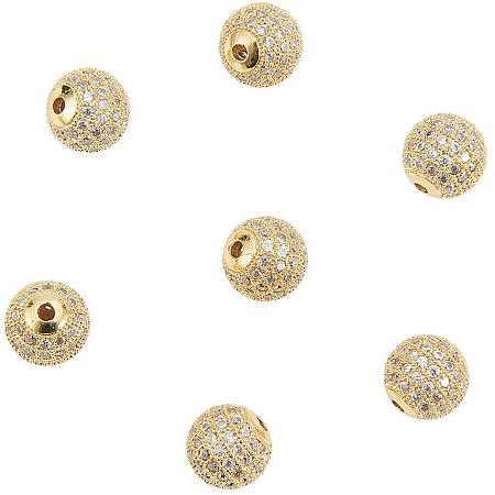NBEADS 10pcs 10mm Brass Clear Gemstones Cubic Zirconia CZ Stones Pave Micro Setting Disco Ball Spacer Beads, Round Bracelet Connector Charms Beads for Jewelry Making