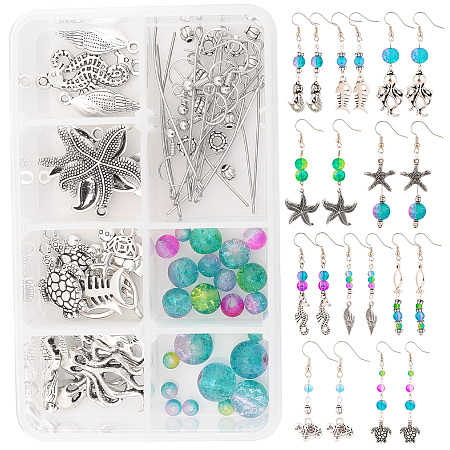 SUNNYCLUE DIY Ocean Theme Earring Making Kits, include Crackle Glass Beads, Alloy Pendants & Beads, Iron Findings and Brass Earring Hooks, Antique Silver & Platinum