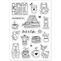 GLOBLELAND Animals and Books Silicone Clear Stamps with Coffee Cups Shape for Card Making DIY Scrapbooking Photo Album Decoration Paper Craft,6.3x4.3 Inches